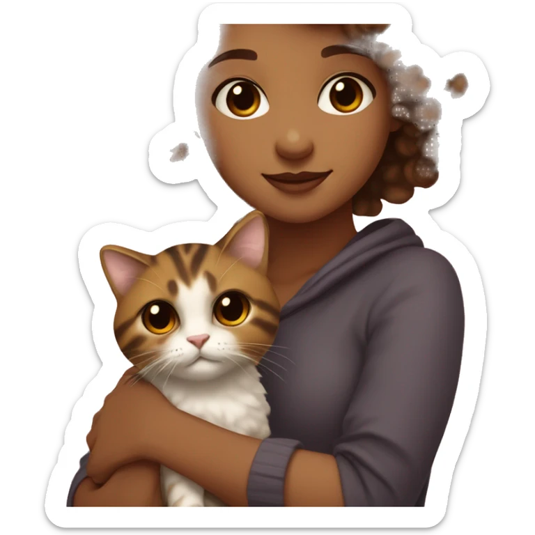 Light brown girl with short curly hair and brown eyes holding a tortoiseshell cat sticker