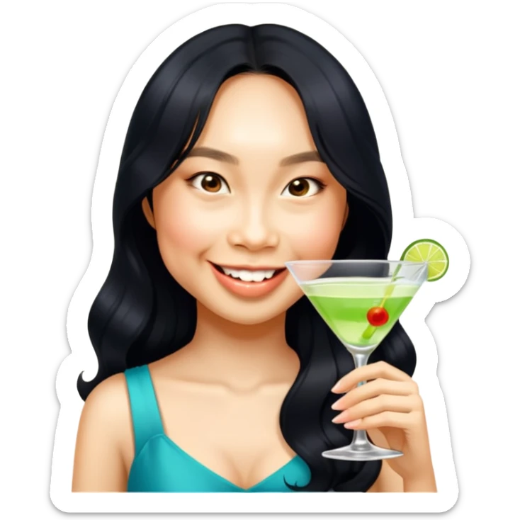 Asian girl long wavy hair holding martini sticker