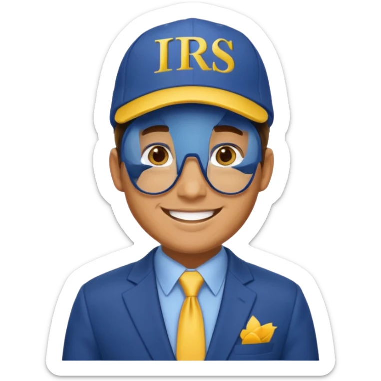 a man smiling dressed in a blue suit with a cap on that says IRS in yellow letters sticker