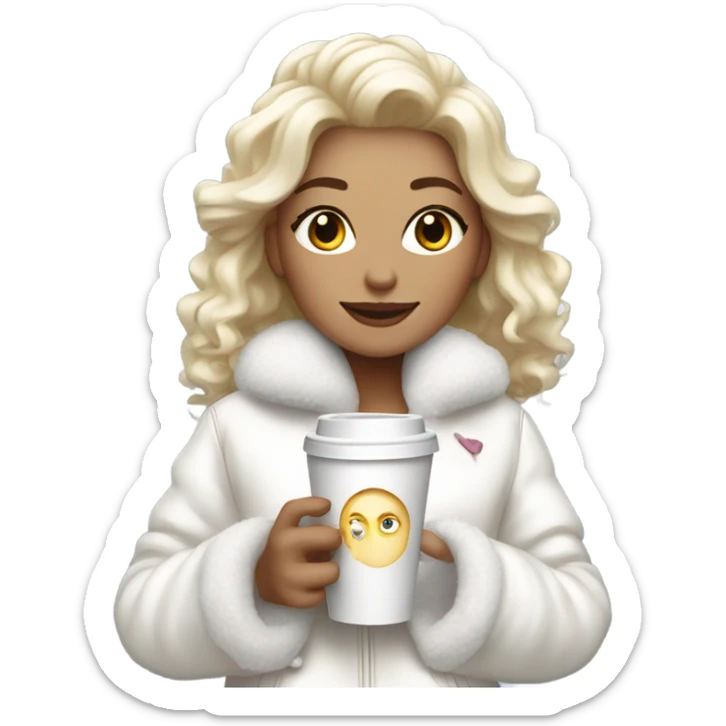 blonde girl wearing white fluffy jacket and a coffee to go in hand all dress white and a white bow on hair sticker
