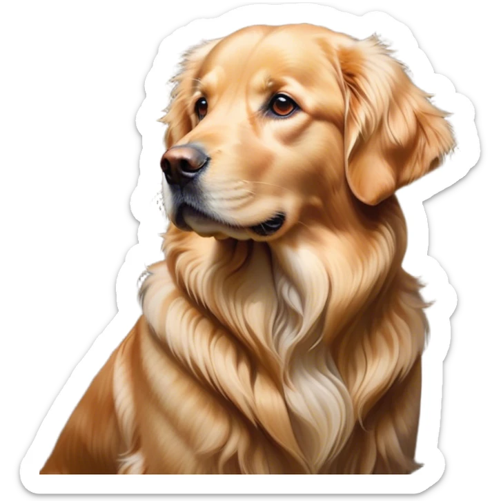 Cinematic Noble Golden Retriever Portrait Emoji, Poised and regal, with a strong, athletic build and a lustrous, well-groomed golden coat, deep-set soulful brown eyes, Simplified yet sharp and sophisticated features, highly detailed, glowing with a soft, dignified glow, high shine, intelligent and friendly, stylized with an air of warmth, focused and attentive, soft glowing outline, capturing the essence of a watchful and confident companion, so majestic it feels as though it could bound out of the screen with effortless authority! sticker
