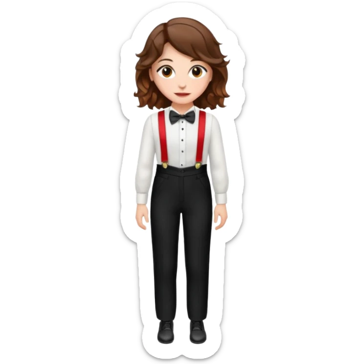 Woman with wavy brown hair and hazel eyes wearing black tuxedo pants with red suspenders sticker