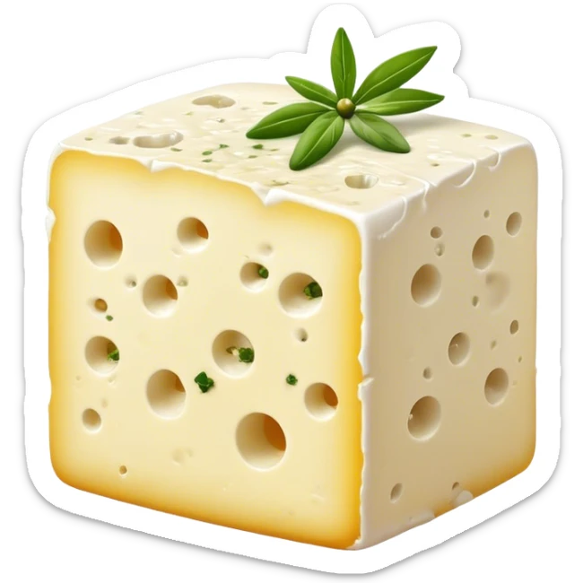 Cinematic Realistic Feta Cheese Dish Emoji, depicted as a block of crumbly, tangy cheese garnished with olive oil and herbs rendered with lifelike detail and soft natural lighting. sticker