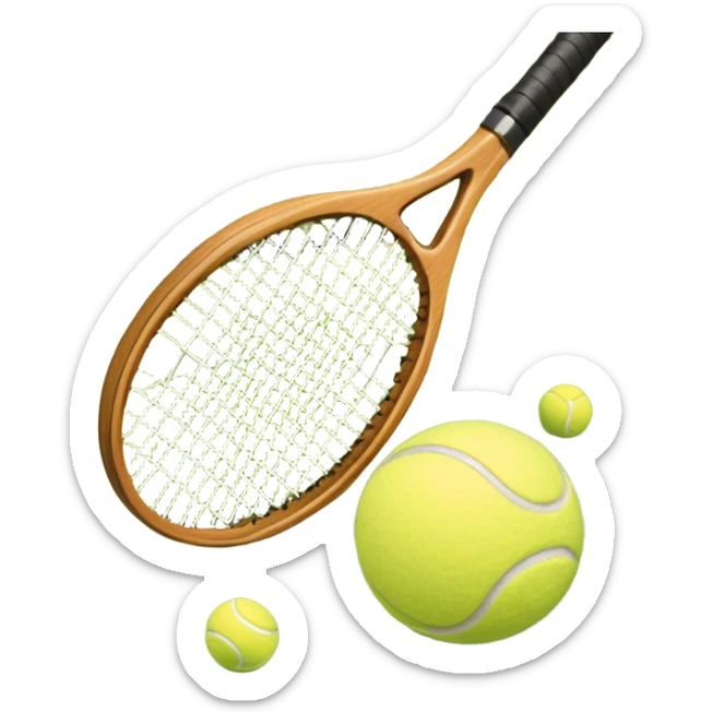 A tennis racket and ball positioned on a grass court, with the net and lines clearly visible in the background. The scene emphasizes the classic elements of the sport, capturing the energy and precision of a tennis match. sticker