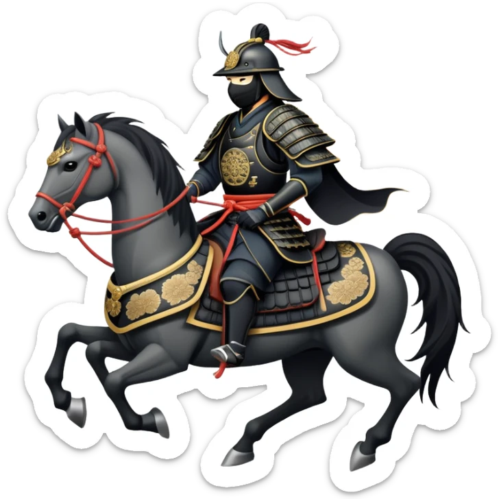 clash-of-clans-aesthetic_-cinematic-fearsome-and-majestic-samurai-bust-portrait-emoji, rendered in a flat, vector-style with minimal shading and bold, simplified shapes typical of emoji art, depicting a battle-hardened samurai with black mask and traditional black Japanese armor. The samurai is riding a noble grey warhorse adorned with an intricately designed saddle and fluttering banners and a rising sun. a samurai on a   horse sticker
