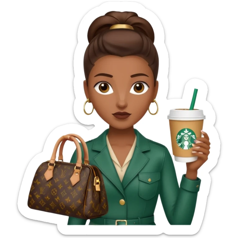 A girl with brown skin and a slick back hair and a luois vittion purse and Starbucks in hand sticker