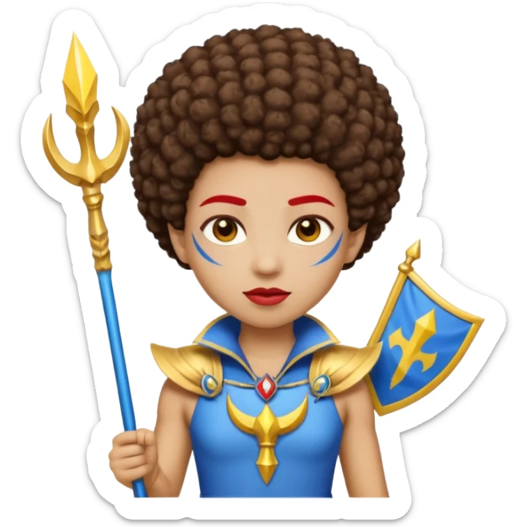 Emoji metisse femboy mais plus masculin avec drapeau ukrainien arriere plan, un afro, sourcils rouge, fourche trident, et eclairs et sur fond bleu clair irrisé. Peau lightskin, yeux marron et cheveux marron bouclés mais en mode afro pixi cut sticker