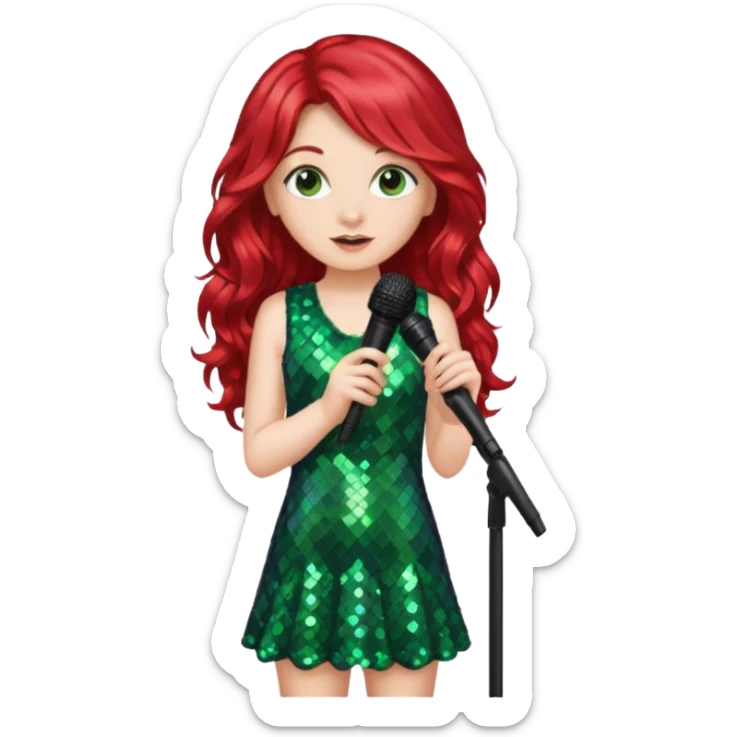 girl in green blink dress, red long wavy hair, holding a mic



















 sticker