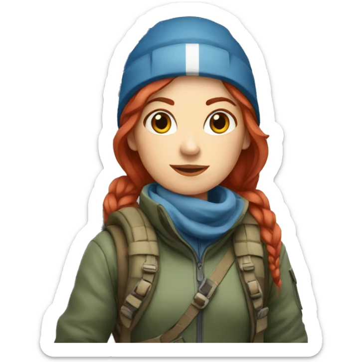 female winter mountaineer red hair holding greek flag sticker