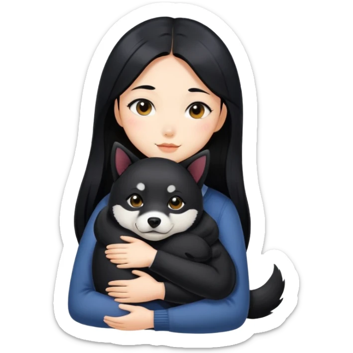 A beautiful girl with long black hair hugs a Black Shiba Lnu sticker