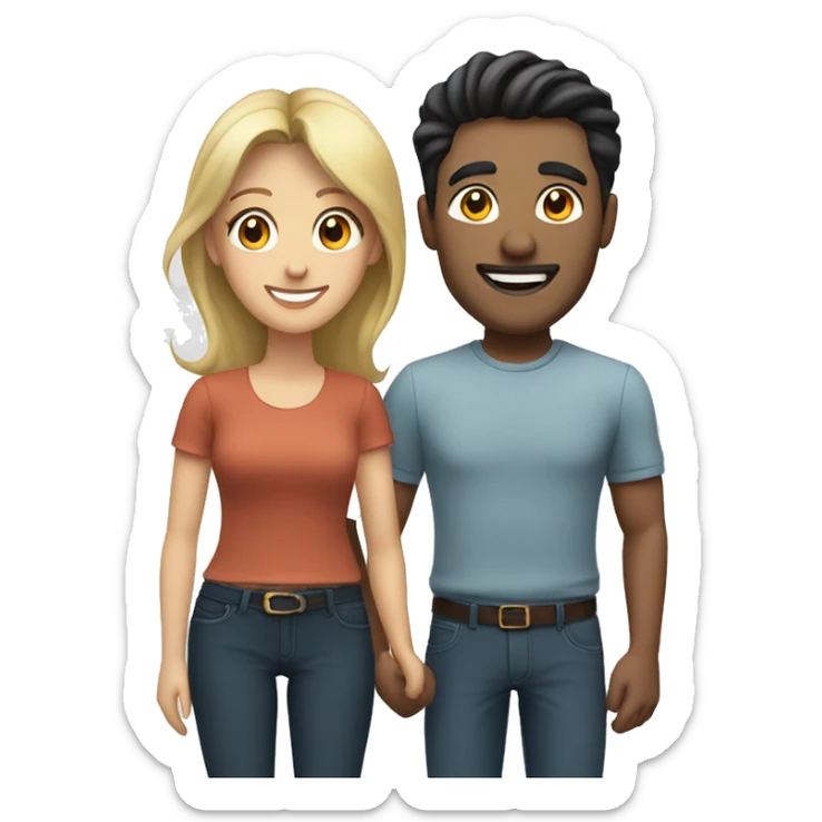 smiling couple in casual attire with dark haired man and blonde woman sticker
