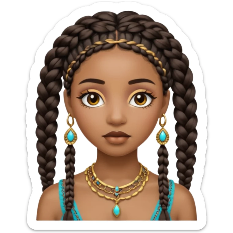 A black girl with neutral skin, Bohemian, braids, and gold, jewelry and lashes and make up on her face sticker