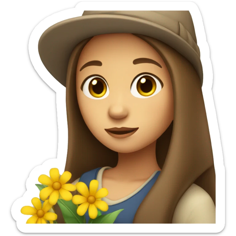 Girl with brown long straight hair wearing a hat and a yellow flower in her hand sticker