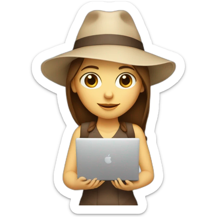 white skin, Girl with a hat, brown hair straight to the shoulders, holding a laptop sticker