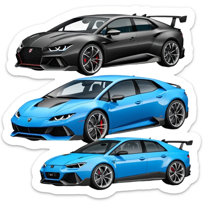 three cars lineup fromt profile forming a semi circle with a lamboghini svj an bmw m140i and a audi rs6 sticker