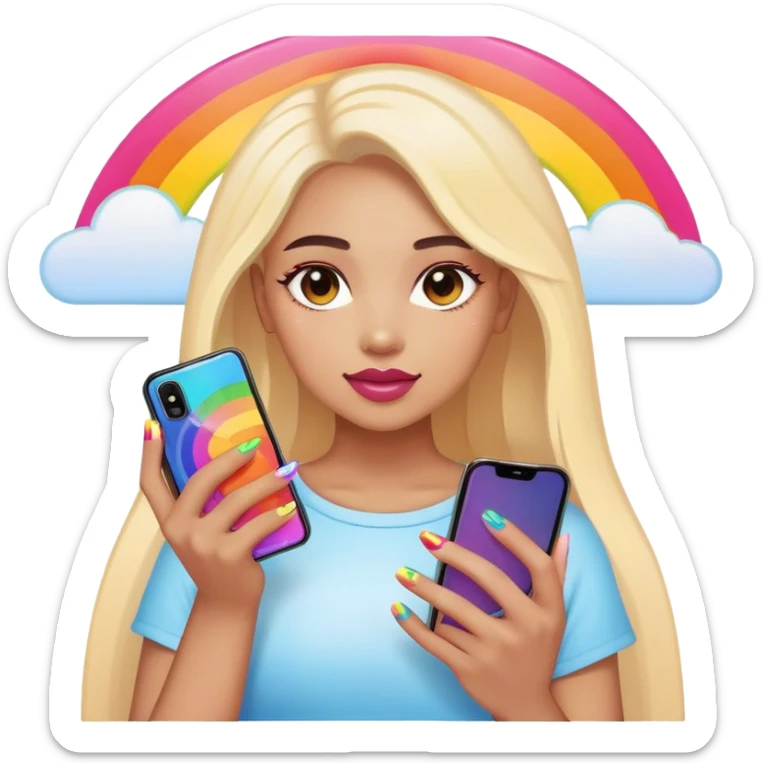 A person holding a phone with a sunset, phone, cover and with rainbow nails sticker