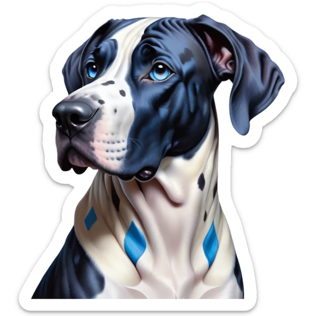 Cinematic Noble Harlequin Great Dane Portrait Emoji, Poised and regal, with a towering, muscular build and a striking coat of predominantly white with bold black patches, deep-set soulful blue eyes, Simplified yet sharp and sophisticated features, highly detailed, glowing with a soft, dignified glow, high shine, intelligent and loyal, stylized with an air of majesty, focused and attentive, soft glowing outline, capturing the essence of a watchful and confident guardian, so majestic it feels as though it could stride out of the screen with effortless authority! sticker