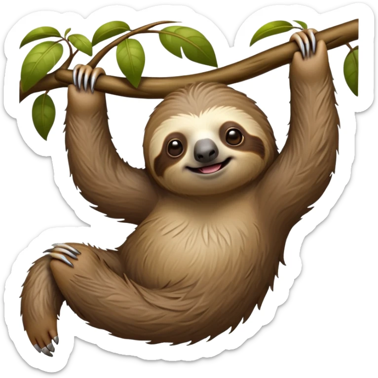 cinematic-sloth-realistic-full-body-hanging-emoji,-long-curved-claws-clinging-to-a-tree,-thick-shaggy-brown-fur-slightly-ruffled,-head-tilted-dramatically,-slow-blinking-eyes-filled-with-serene-wisdom,-simplified-yet-realistic-focused-features,-highly-detailed,-glowing-with-an-almost-sarcastic-glow sticker