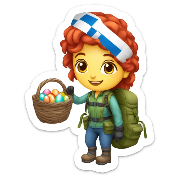 Female winter mountain climber red loose hair climbing with Greek flag on backpack and holding Easter eggs basket sticker