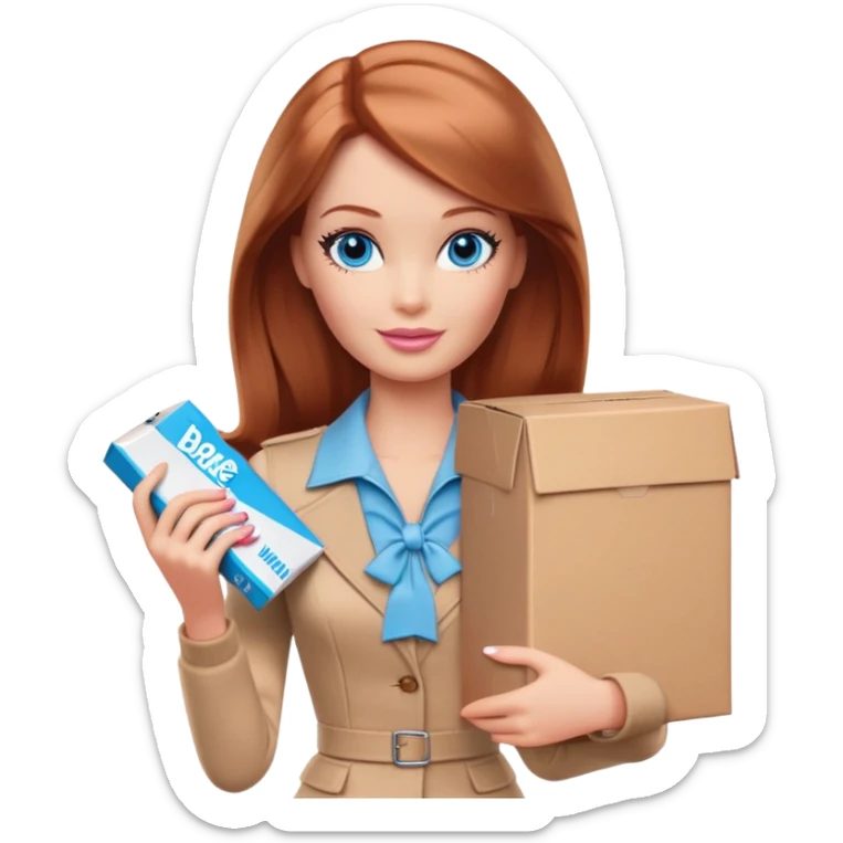 Barbie, blue eyes, shoulder-length reddish-brown hair, holds a package box, Barbie is wearing beige and brown colored clothes sticker