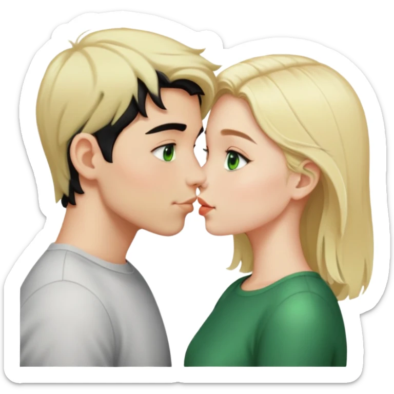 Kissing couple of boy with short black hair and green eyes and blonde girl with long hair sticker