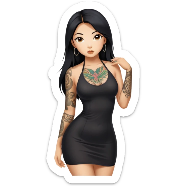 Beautiful and fit Asian girl with long black hair and body tattoos sexy pose in sexy mini black dress sfw sticker