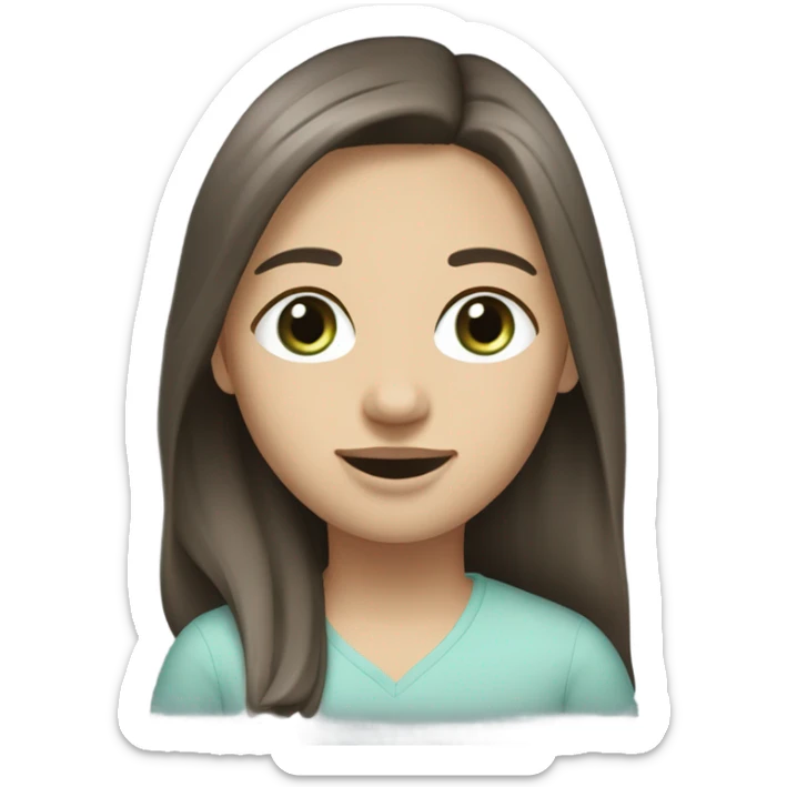 mid length straight to wavy dark cold brown hair greyish blue/green medium to little eyes straight thin nose medium lips pale skin, straight white teeth  sticker