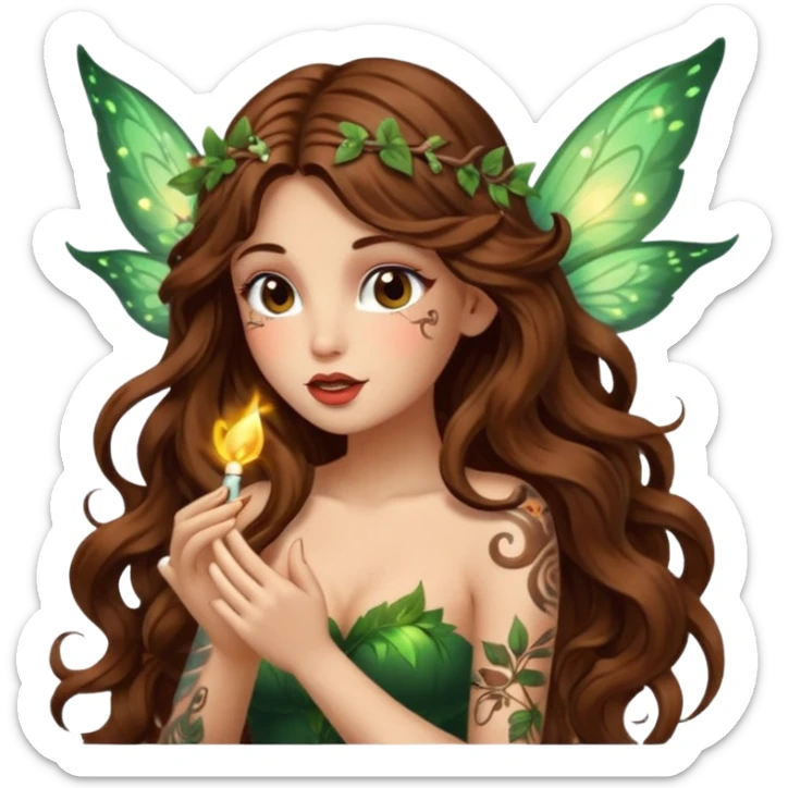 forest fairy woman long wavy brown hair tattoos blowing glowing kiss sticker