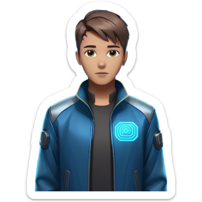 Emoji: A confident young man with short brown hair, wearing a cyberpunk-style jacket, standing next to a glowing, holographic AI assistant. The AI assistant has a sleek, futuristic design with blue neon circuits. The background is minimalistic but has a high-tech, futuristic vibe. sticker