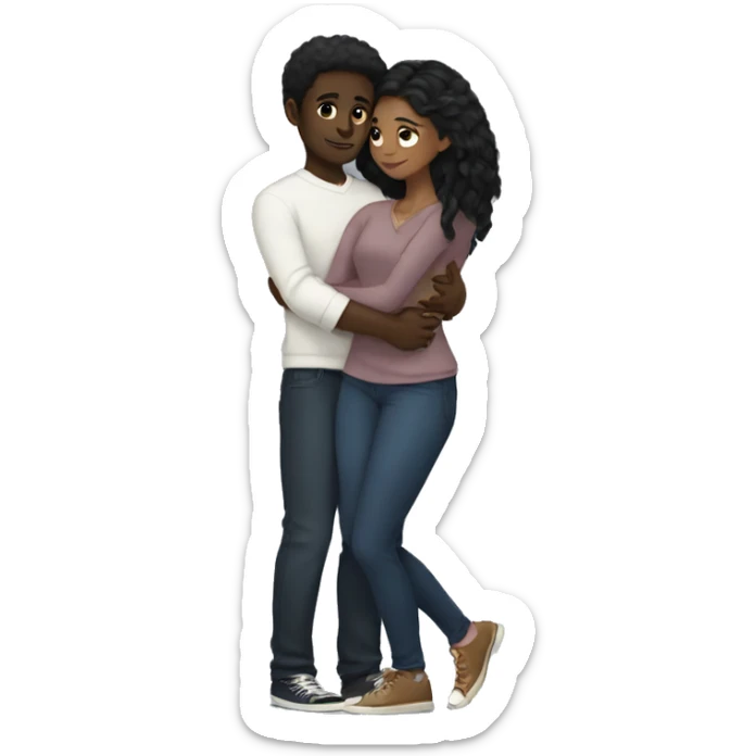 Dark brown skin black haired girl hugging light skin black hair guy sticker