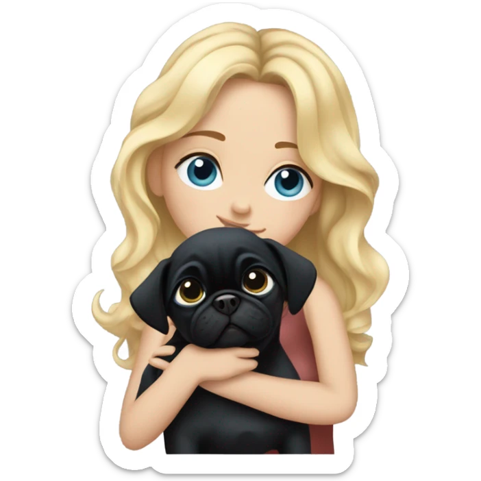 Girl with wavy blonde hair and blue eyes, kissing a black pug sticker