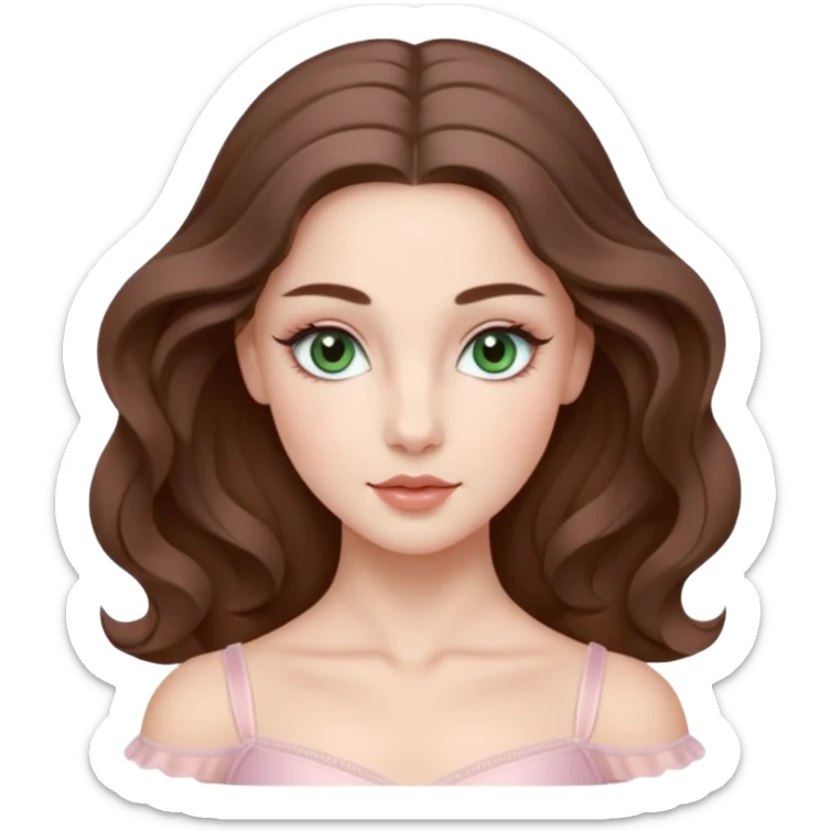 Cinema Realistic Ballerina Portrait, with porcelain-like skin featuring a natural rosy flush, illuminated by soft lighting that highlights the gentle contours of her face. Her Brunette hair flows in soft.Her deep green light eyes radiate framed by arched brows and long lashes. sticker