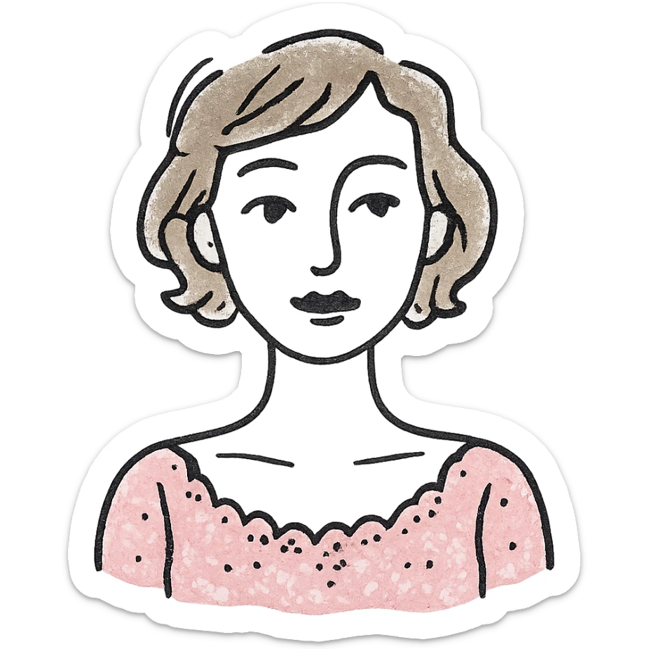 stylized icon of a woman with white skin, short wavy light brown hair, light makeup, wearing a pink dress with intricate, delicate details, minimal background sticker