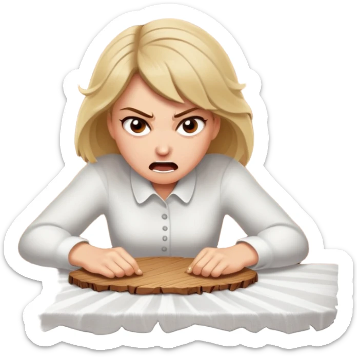 White woman ripping a white tablecloth off of a wooden table in anger sticker