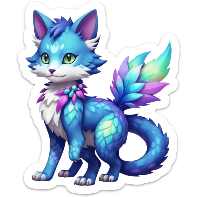 Kawaii iridescent beautiful pretty elegant divine edgy fantasy feline-vernid-sergal-Fakémon-Pokémon-fursona-animal-creature with accessories, full body, with intricate detailed markings sticker