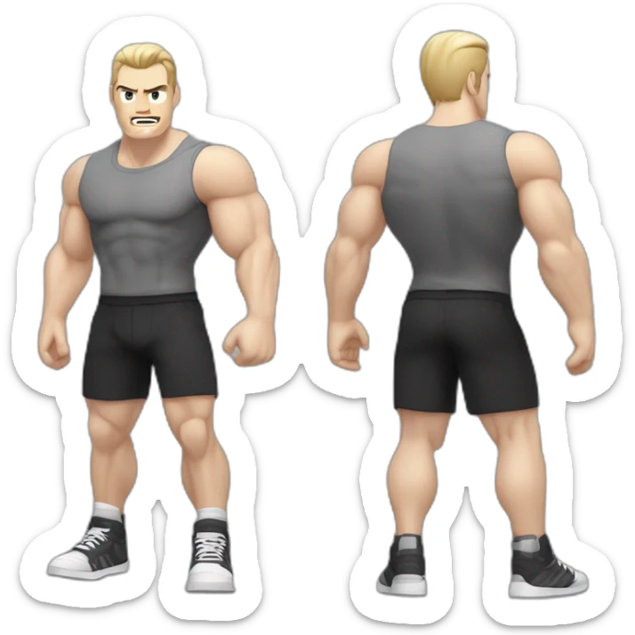 Angry Pale skinned Fit Man With the biceps and dark brown hair in black shirt, gray sports shorts and white Sneakers sticker