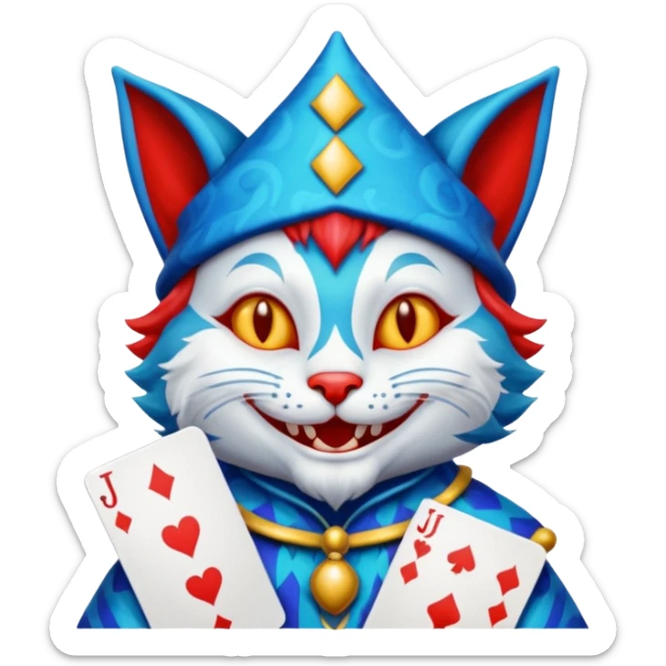 crazy colorful cute little cat jolly joker from poker, medieval, vintage, court jester, mac os icon, blue color, holds poker cards (clearly detailed and precise) sticker