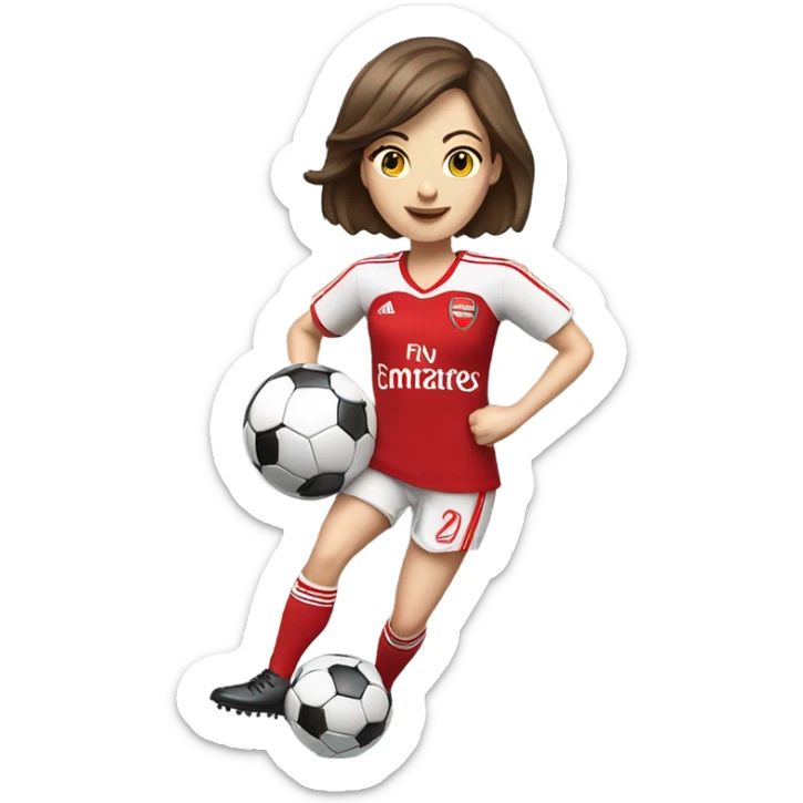 Pretty white woman wearing an Arsenal jersey with short brown hair kicking a soccer ball sticker