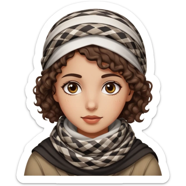 Palestinian girl emoji style, warm expression, short curly brown hair, traditional keffiyeh scarf, simple background sticker
