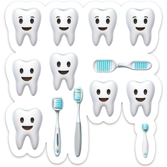 Flat 2D emoji set, dental theme: teeth, smiles, toothbrush, medical care. Minimalist, friendly, HEX palette: #3f97a2, #5bc6cb, #1e424a, #f16077. Clean lines, no background, 512x512 px. Style: vector art, pixar-like emoji. sticker