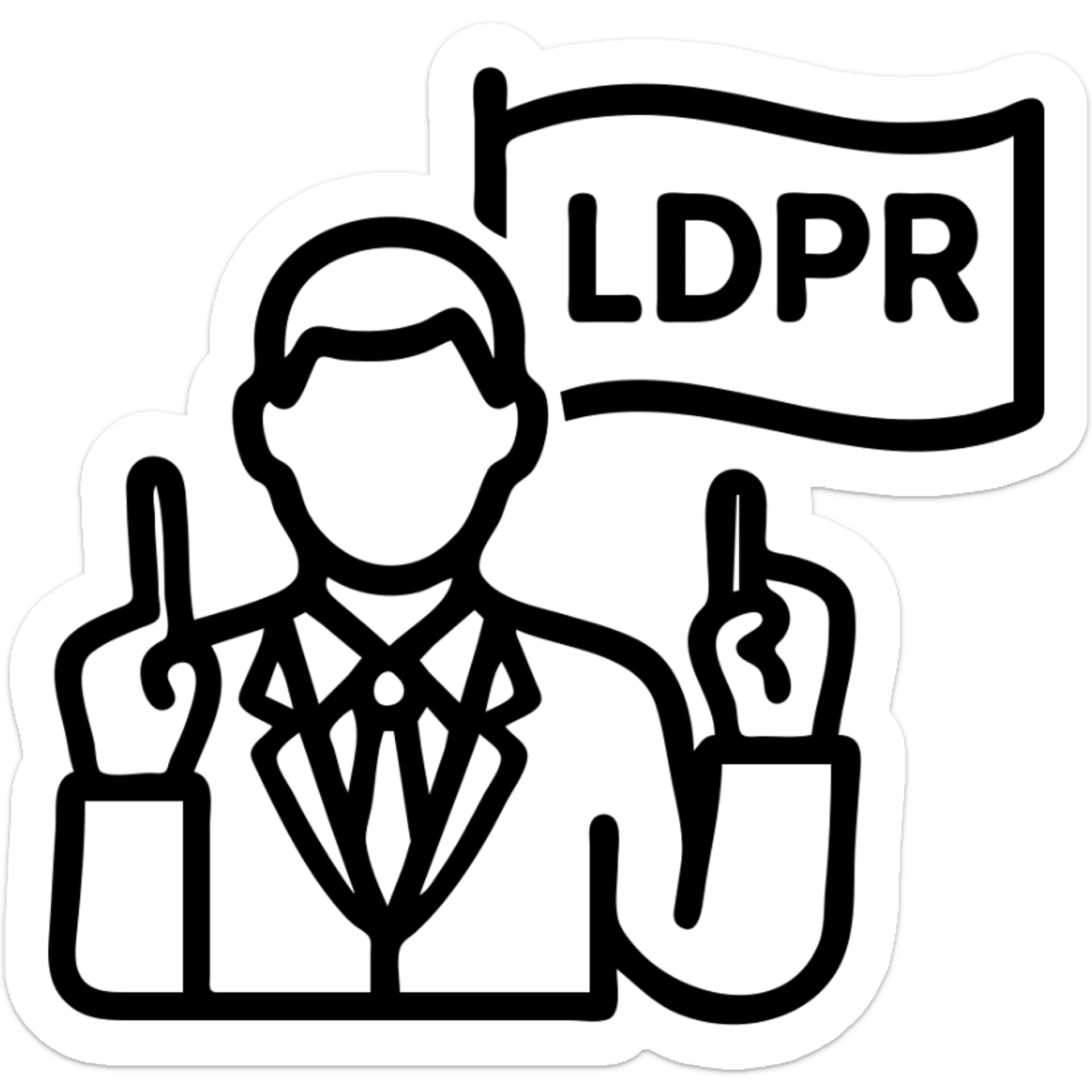 A man holding up his finger, in a suit, blue flag with yellow LDPR lettering on the back sticker