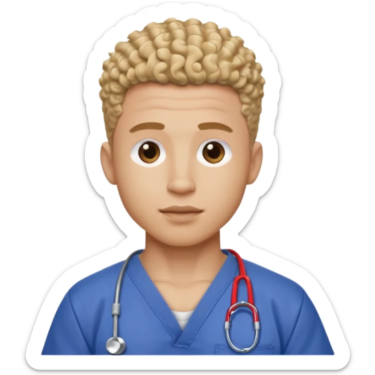 Ripped, athletic man with thick neck, high top fade with no part, curly hair only top only, no shirt and show waistline up add scrubs sticker