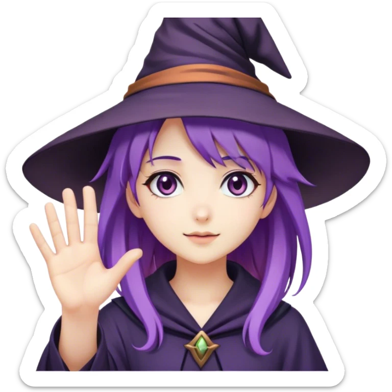 Cute anime girl with purple hair in witch hat waving hand sticker
