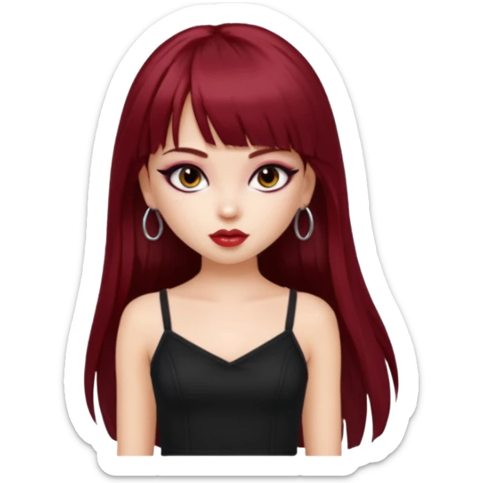 generate a pretty bratz girl in black cami top, dark red straight long hair with bangs, eyeliner on, 

 sticker