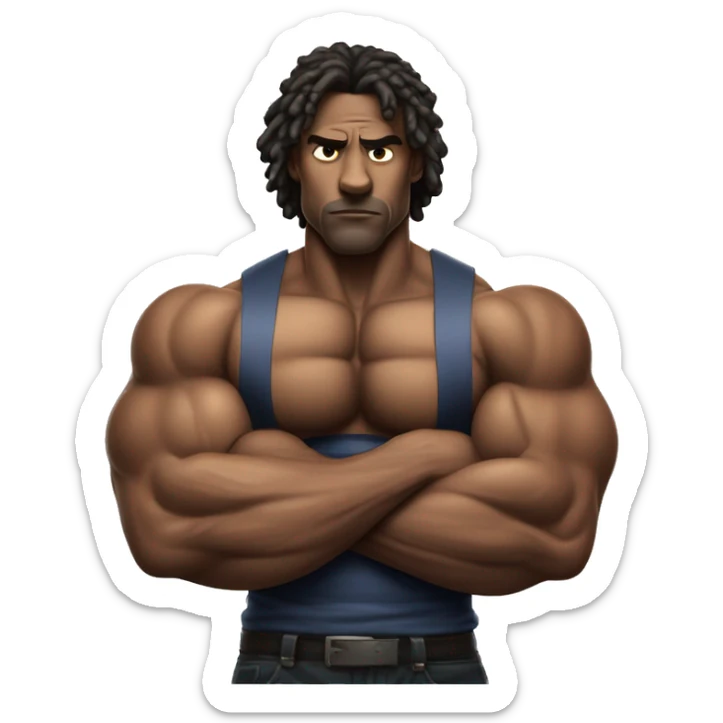 A hyper-muscular man with veins prominently visible across his arms and chest. The individual has an exaggerated physique, with massive arms crossed over a well-defined six-pack, creating a surreal and intense visual. sticker