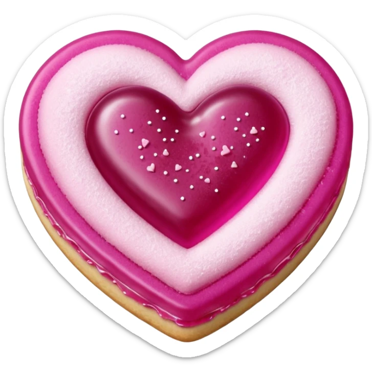 Realistic shortbread cookie in the shape of a heart with Fuchsia color jelly middle filling and sprinkled powder sugar on top. sticker