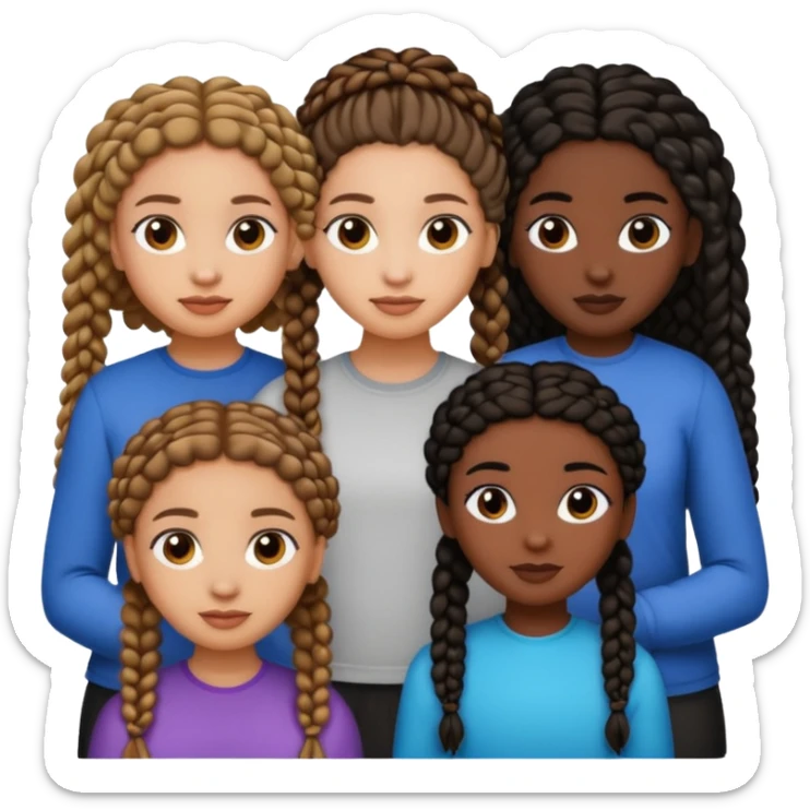 3 girls, one lightskin with curly brown hair, one light skin with black straight hair, and one darkskin with braids sticker