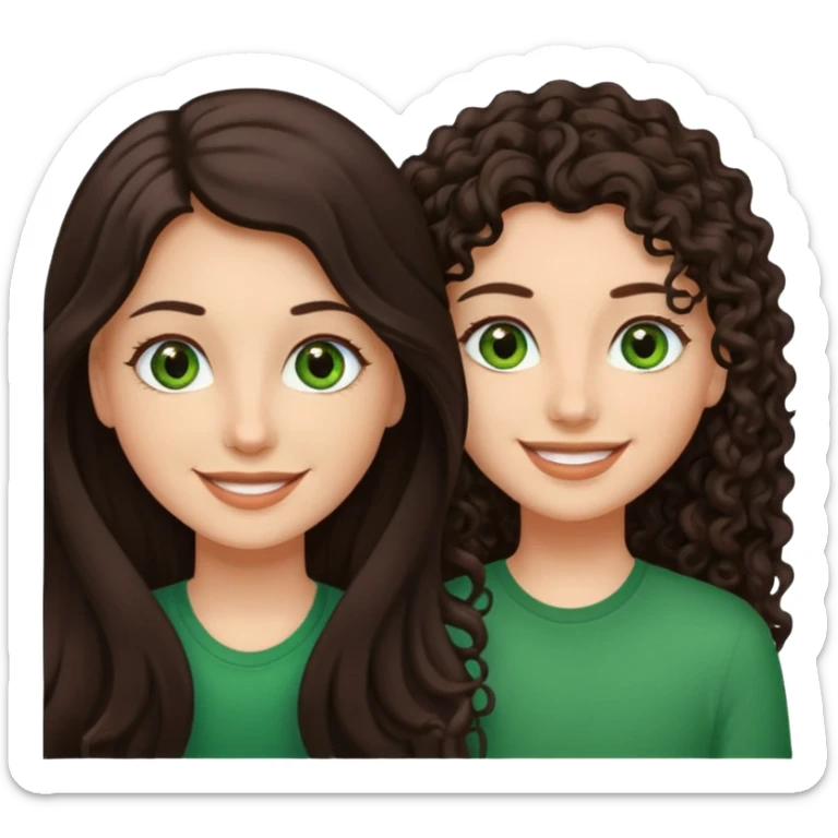 Two besties: 1: long fully straight darkbrown hair, green eyes 2: long curly darkbrown hair sticker