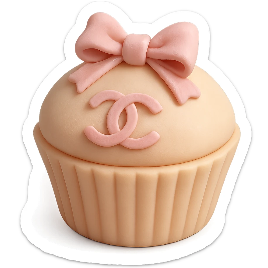 pastel peach Chanel cupcake with a pink bow and logo sticker