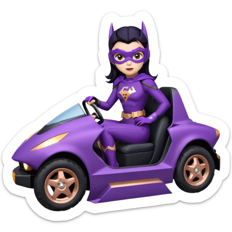  proportionally correct, real-appearance racing adult BatGirl’s feminine midnight-purple tight outfit sixty’s tv show 2032 stealth retro cat burglar sporty petite off-road pursuit hovering black hover car with rose gold accents (black hair,reclined and relaxed seating position and attitude) sticker